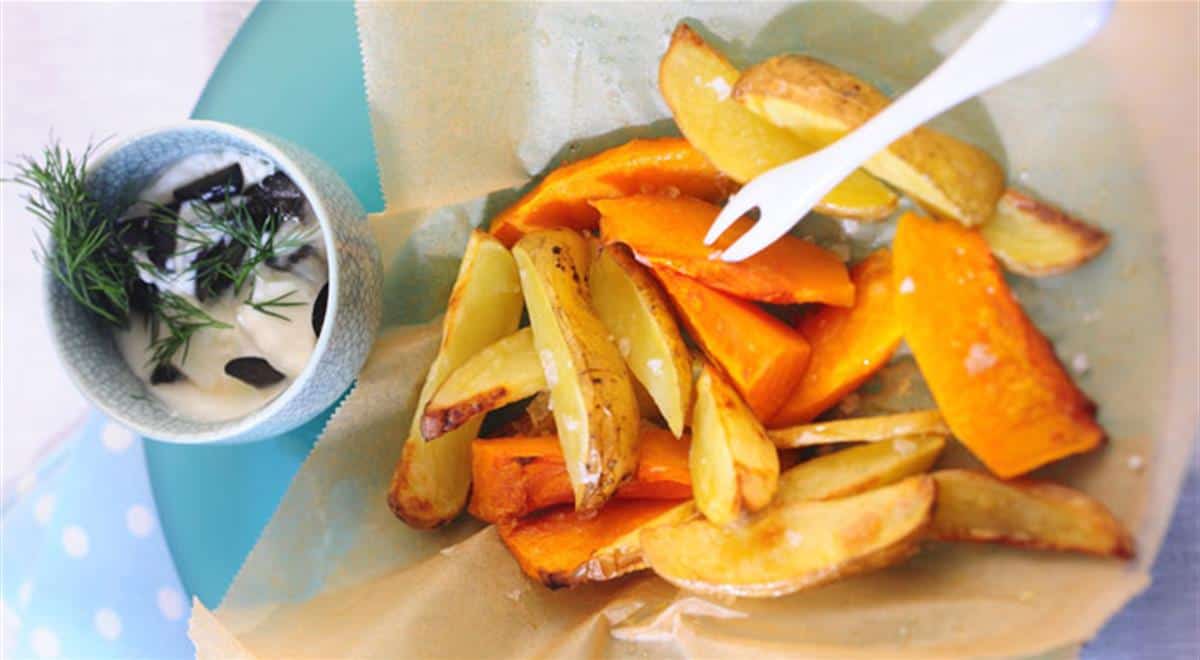 Baked Pumpkin And Potato Chips With An Olive Dip