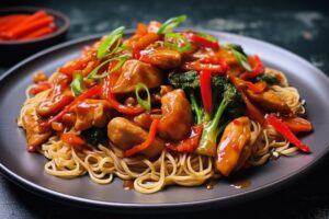 ce să mănânci când lucrezi de acasă Frigărui de pui și legume cu tăiței