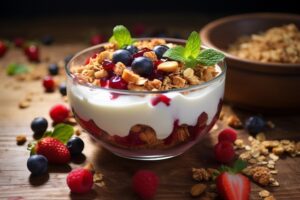 iaurt grecesc cu fructe si granola ce să mănânci când lucrezi de acasă