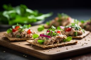 salată de ton pe biscuiți de cereale integrale