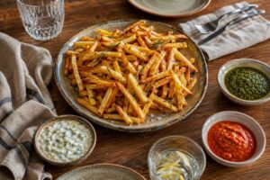 Cartofi la air fryer serviți cu sos de iaurt, sos picant și sos verde