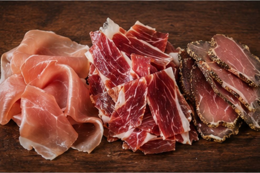 Felii de prosciutto, jamón și speck așezate alături pe un platou de lemn
