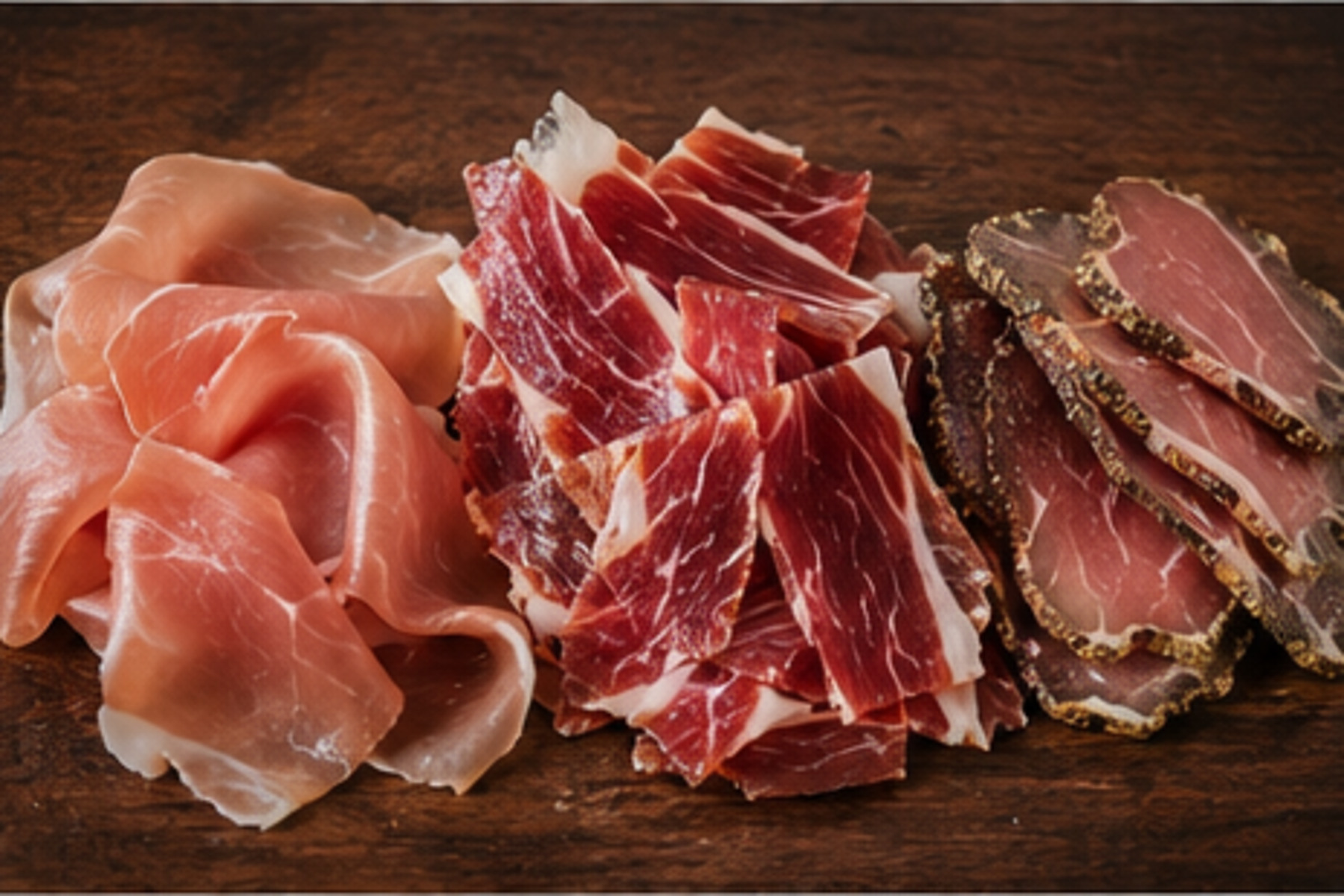 Felii de prosciutto, jamón și speck așezate alături pe un platou de lemn