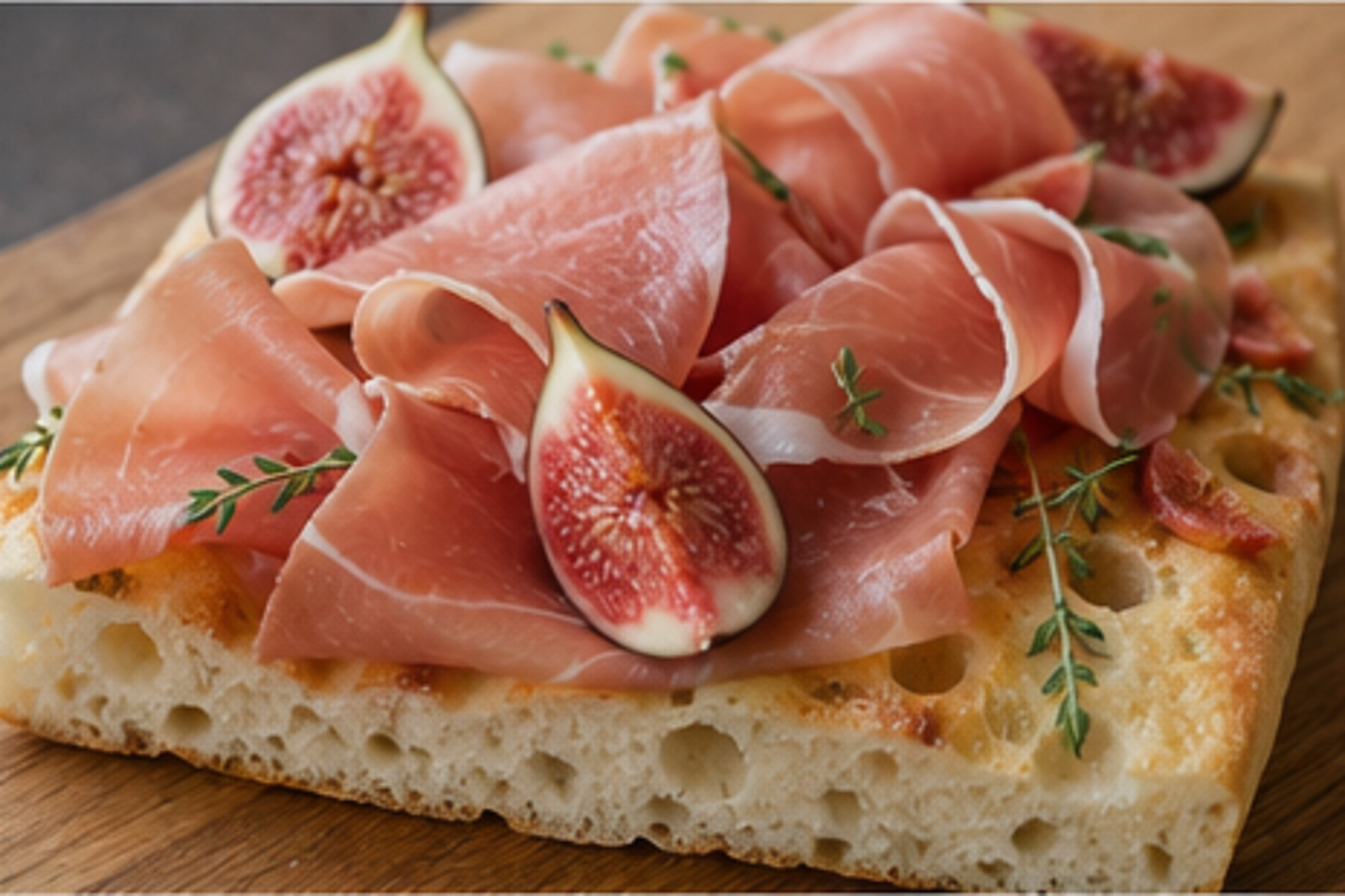 Felii subțiri de prosciutto servite pe focaccia cu smochine