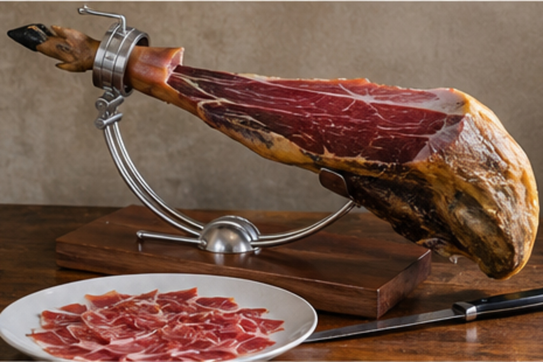 Pulpă de jamón fixată într-un suport jamonero, cu felii pe farfurie