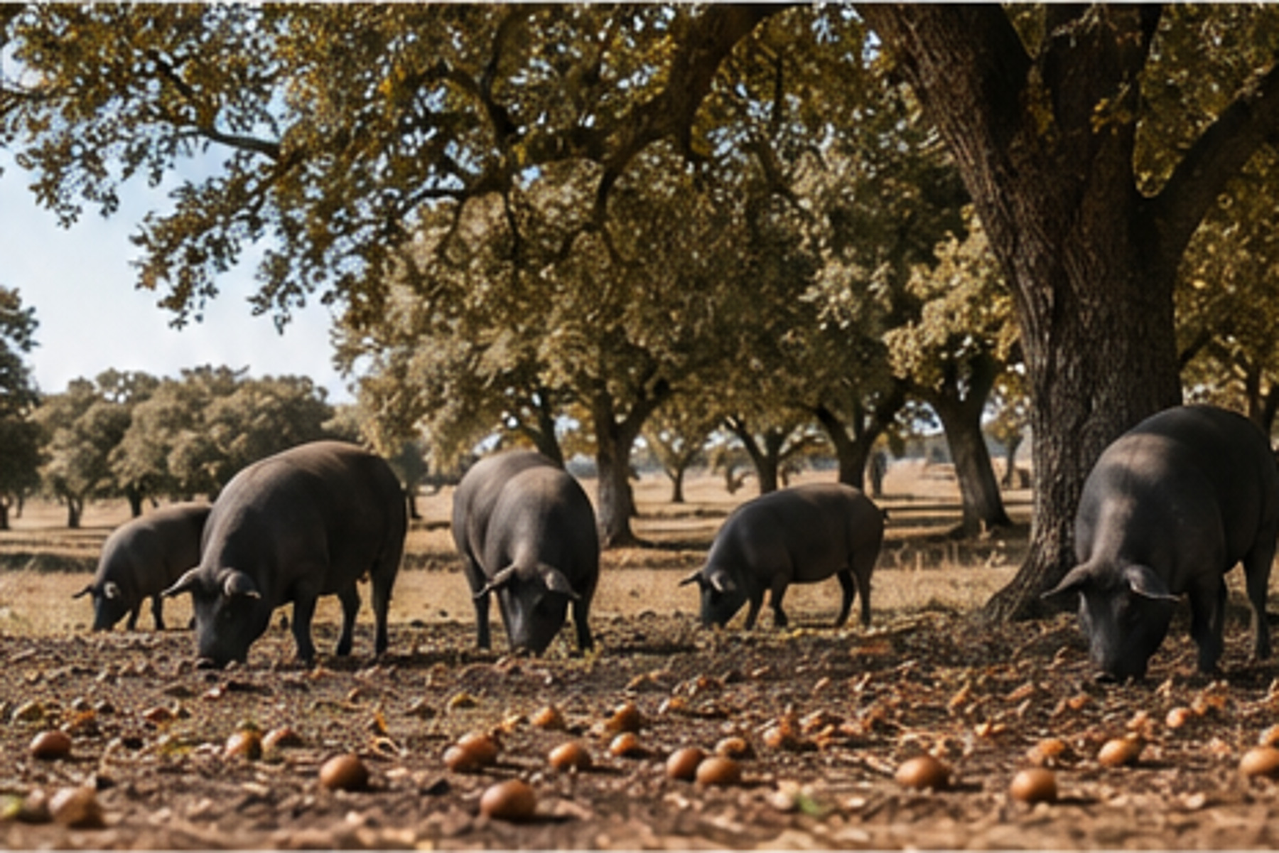 Porci iberici negri hrănindu-se cu ghinde sub stejari într-o dehesa spaniolă