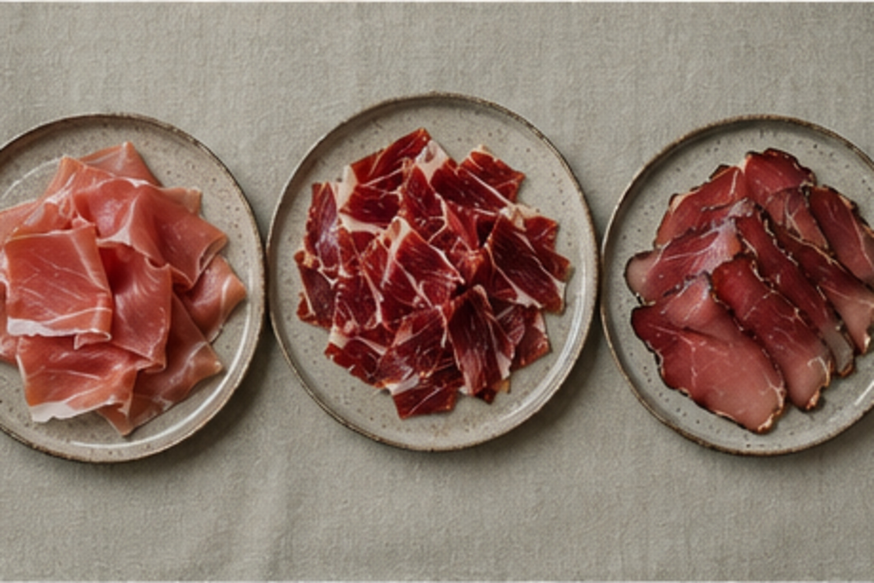 Trei farfurii cu prosciutto roz, jamón rubiniu și speck cu margine condimentată