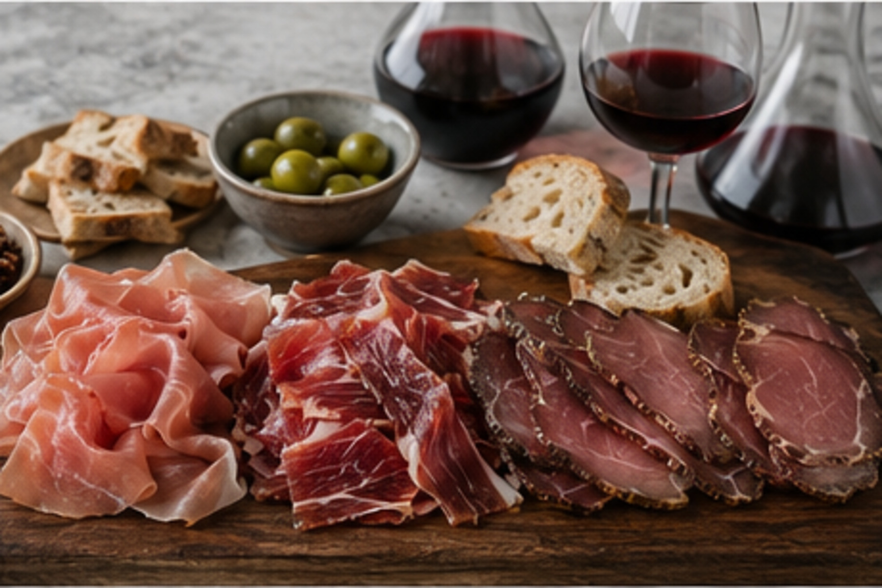 Platou de degustare cu prosciutto, jamón, speck, pâine, măsline și vin